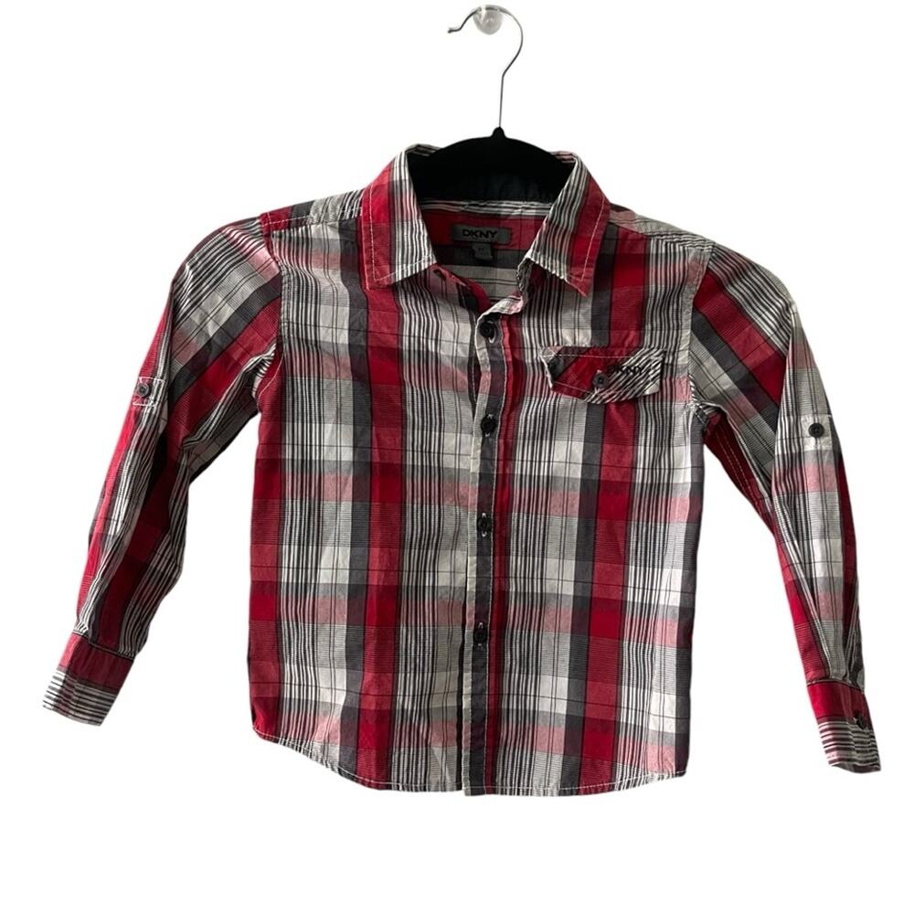 DKNY Plaid Long Sleeve Button Up Shirt Boy Toddler Red Size 4T